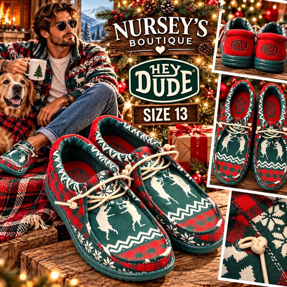 HEYDUDE Wally Holiday Cheers Mens 13 Green Plaid Christmas Shoes 41862-3U7